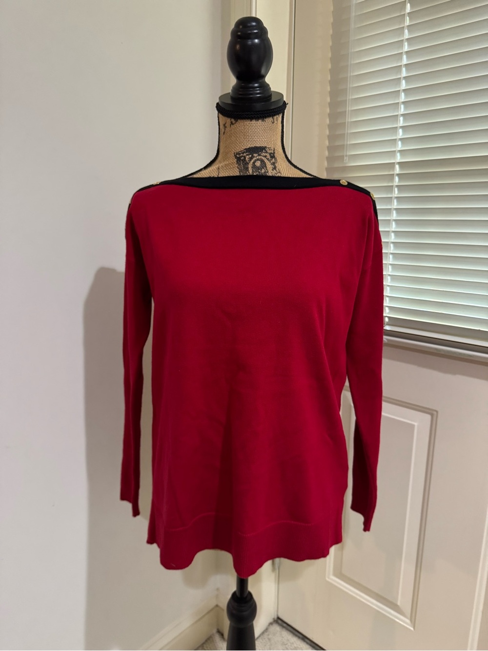 Lauren Ralph Lauren Red Boatneck cotton blend Sweater with Black Trim